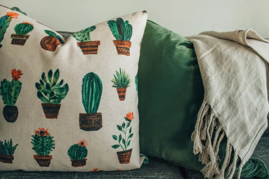 Prydnadskuddar med botaniskt kaktusmönster tillsammans med en grön kudde och en fransad pläd